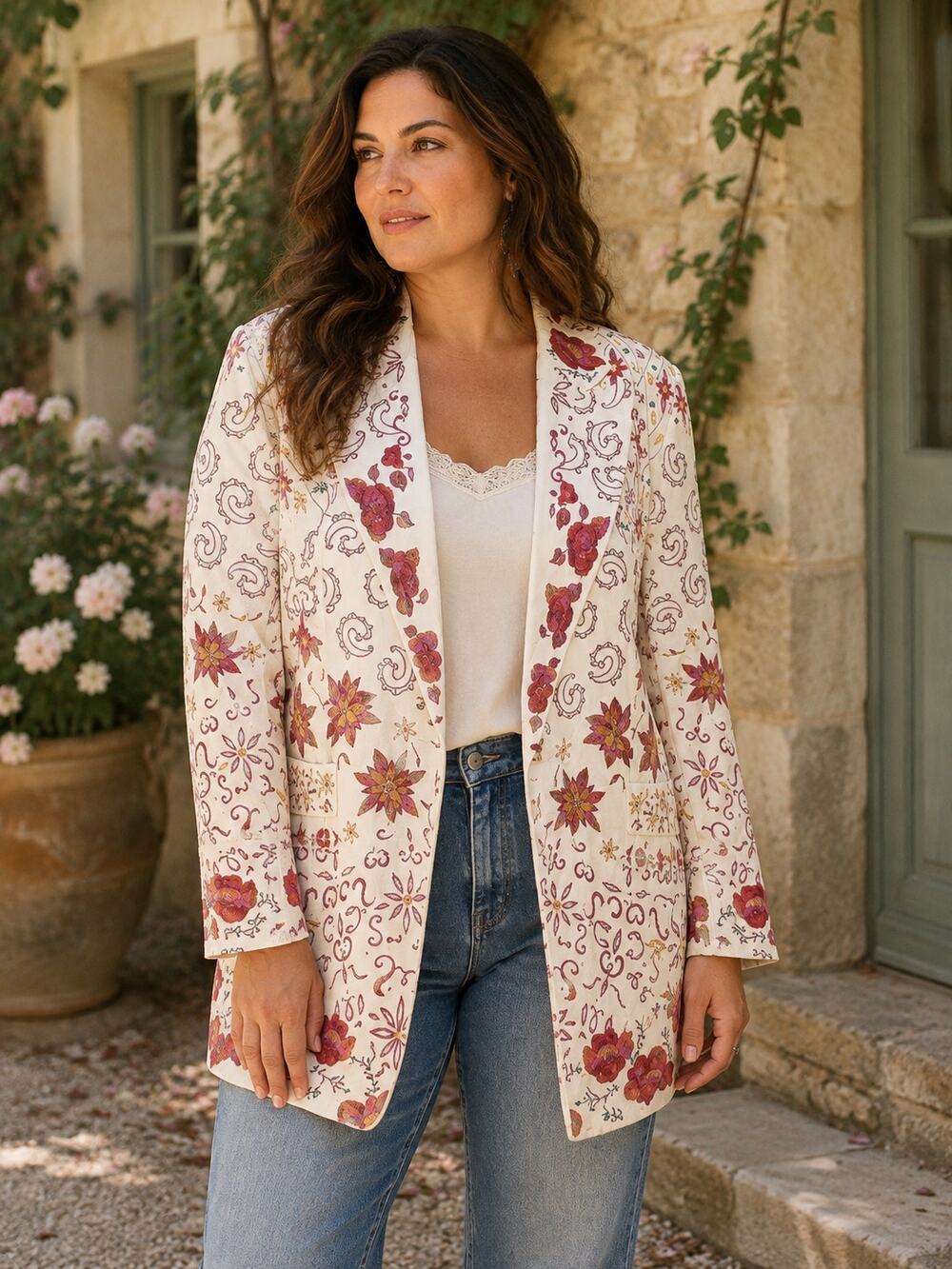 John Meyer Norwich Blazer Womens 14 Floral Embroidered White Vintage Boho Jacket